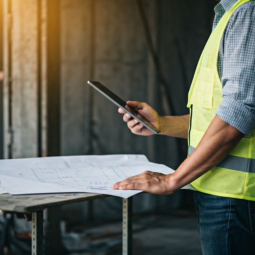 Engenheira usando tablet para inspecionar modelo BIM em canteiro de obras