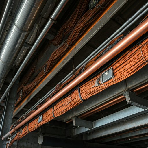 Fiação elétrica e tubulações em estrutura arquitetônica moderna