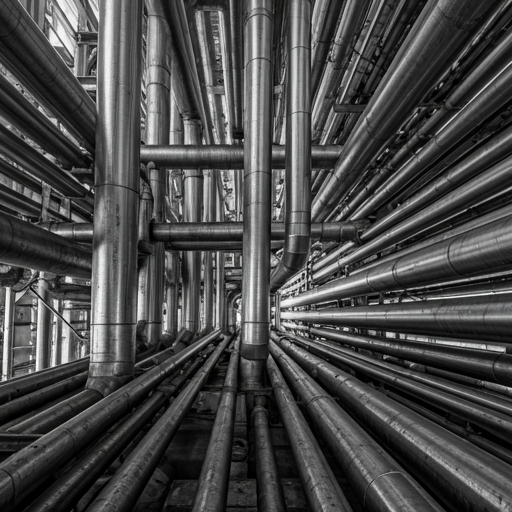 Detalhe arquitetônico de tubulações e estruturas técnicas em preto e branco